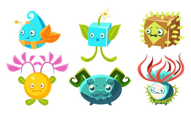 Cute Monsters Set, Fantasy Plants Characters, Mobile or Computer Game User Interface Assets Illustration