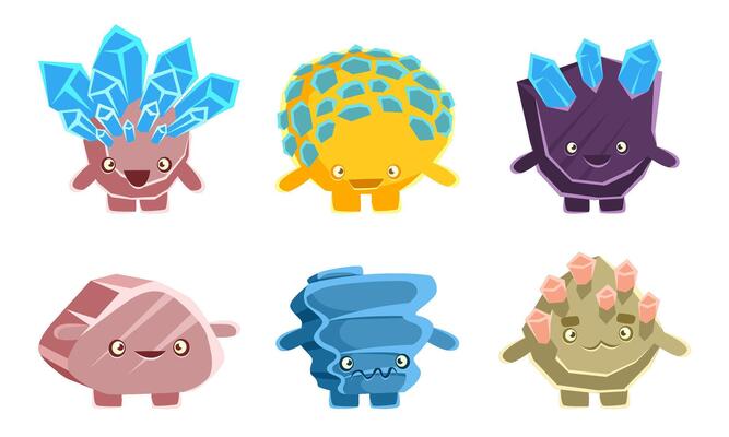 Cute Stones and Crystals Characters Set, Humanized Rocks with Funny Faces, Mobile or Computer Game User Interface Assets Illustration