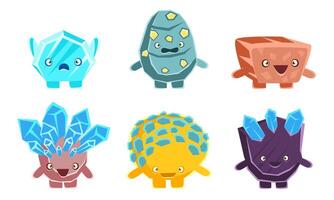 Cute Stones and Crystals Characters Set, Friendly Humanized Rocks with Funny Faces, Mobile or Computer Game User Interface Assets Illustration vector