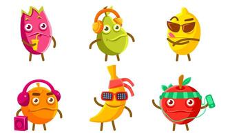 Funny Exotic Fruit Characters Set, Pitahaya, Pear, Lemon, Orange, Banana, Apple Different Activities Illustration vector