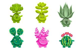 Funny Plants Characters Set, Fantasy Succulents and Cactuses with Various Emotions, Mobile or Computer Game User Interface Assets Illustration vector