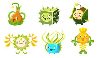 Cute Funny Monsters Set, Colorful Fantasy Plants Characters, Mobile or Computer Game User Interface Assets Illustration vector