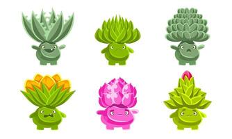 Cute Funny Plants Characters Set, Fantasy Succulents and Cactuses with Various Emotions, Mobile or Computer Game User Interface Assets Illustration vector
