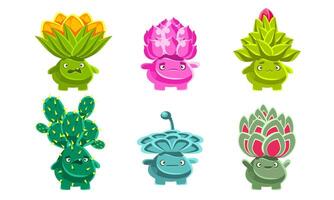 Cute Funny Plants Characters Set, Friendly Fantasy Succulents and Cactuses with Various Emotions, Mobile or Computer Game User Interface Assets Illustration vector