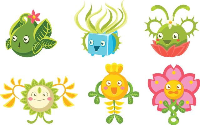 Cute Monsters Set, Funny Fantasy Plants Characters, Mobile or Computer Game User Interface Assets Illustration