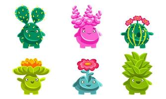 Cute Plants Characters Set, Friendly Fantasy Succulents and Cactuses with Various Emotions, Mobile or Computer Game User Interface Assets Illustration vector
