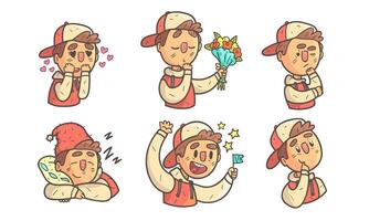 Boy Wearing Cap Showing Different Emotions Set, Male Cartoon Character with Various Face Expressions Illustration vector
