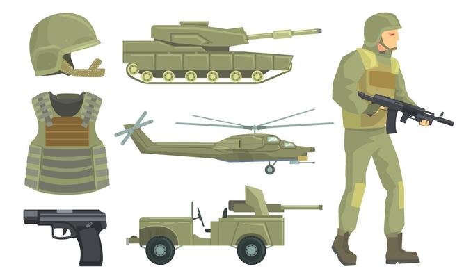 Military Vehicles, Weapon and Soldier in Army Uniform Set Illustration