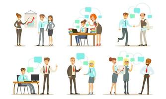 Business People Characters Working in the Office Set, Male and Female Managers or Employees Metting, Discussing Projects and Working Together Illustration vector