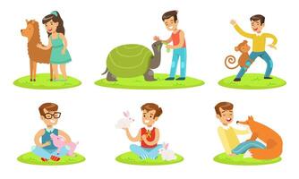 Happy Children and Cute Animals In Petting Zoo Set, Boys and Girls Playing, Feeding and Hugging with Alpaca, Turtle, Monkey, Piglet, Rabbit, Fox Illustration vector