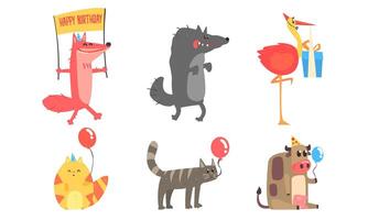 Collection of Cute Animals for Happy Birthday Design, fox, Wolf, Cat, Flamingo, Cow Illustration vector