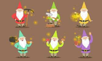 Happy Gnomes Set, Bearded Gnomes Characters in Colorful Outfits with Tools for Getting Gold, Crystals and Precious Stones Illustration vector