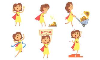 Collection of Happy Lucky Girl Taking Part and Winning in Lottery or Quiz Show Cartoon Illustration vector