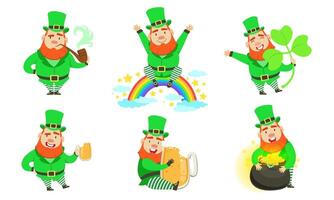 Smiling Leprechauns Set, St Patricks Day Cartoon Character in Different Situations Illustration vector