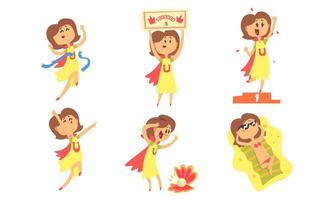 Collection of Happy Lucky Girl Cartoon Character Taking Part and Winning in Lottery or Quiz Show Illustration vector