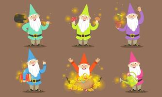 Happy Gnomes Set, Bearded Gnomes Characters with Tools for Getting Gold, Crystals and Precious Stones Illustration vector