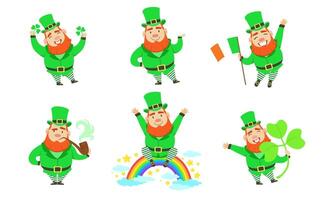 Smiling Leprechauns Set, Funny St Patricks Day Cartoon Character in Different Situations Illustration vector