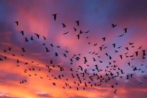 Panning shot of a flock of birds in flight against a colorful sunset sky, capturing the graceful motion of the birds while blurring the background to create a sense of movement and dynamism. photo