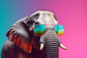 Funny elephant wearing sunglasses in studio with a colorful and bright background. photo