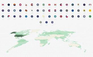 US State Flags Collection, Blue pin icon design. Minimalist USA state Flags and World Map Representation. vector