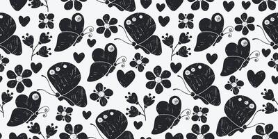 Seamless Pattern with Cute Butterflies, Flowers and Leaves. Simple and modern crayon drawings. Colorful insects and plants isolated on white background. vector