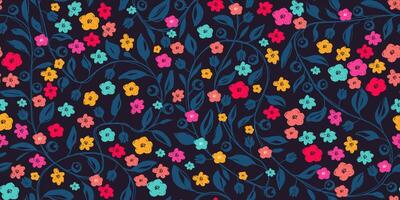 Seamless Pattern with Small Simple and Colorful Flowers. Elegant hand drawn ink herbs and modern colors. Botanical hand painted plants with grunge texture vector