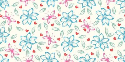 Seamless Pattern with Hand Drawn Crayon Flowers and Butterflies with Pastel Colors. Botanical hand painted plants with grunge texture vector