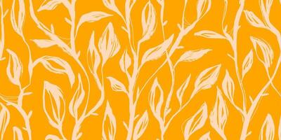 Modern Ink Branches with Leaves Seamless Pattern. Elegant hand drawn ink herbs with modern colors. Botanical hand painted plants with grunge texture vector