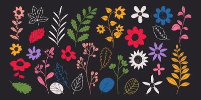 Garden Set of Hand Drawn Plants with Vibrant Colors and with Subtle Grunge Texture. Pencil drawings of a meadow. Vintage nature simple elements vector