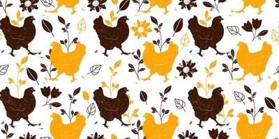 Pencil Drawing of Vintage Chickens in Seamless Pattern with Flowers, Branches and Leaves. Grunge designs of hens with subtle grainy texture. Cartoon hand drawn birds vector