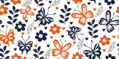 Seamless Pattern with Cute Butterflies, Flowers and Branches. Simple and modern crayon drawings of insects. Colorful bugs and plants isolated on white background. vector