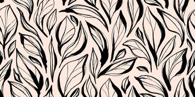 Hand Drawn Seamless Pattern with Grunge Leaves and Artistic Bulky Ink Strokes. Monochrome and elegant botanical foliage background. Seamless design perfect for wrapping paper, wallpapers, print vector