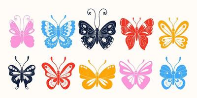 Set of Cute Hand Drawn Decorative Butterflies. Simple and modern crayon drawings of insects. Colorful bugs and plants isolated on white background vector