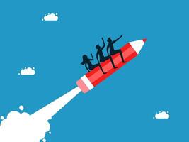 people riding on a rocket with a pencil in the middle vector
