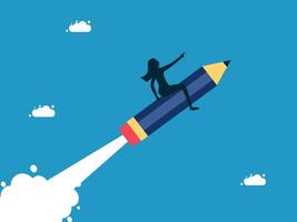 businesswoman riding on a rocket with clouds in the background vector