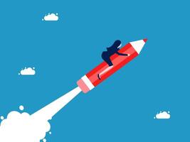 woman riding on a rocket with clouds vector