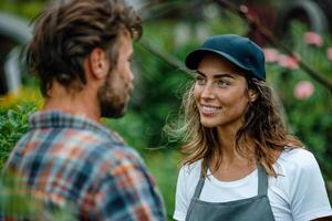 Smiling woman wearing a cap and apron talking to a man in a garden setting photo
