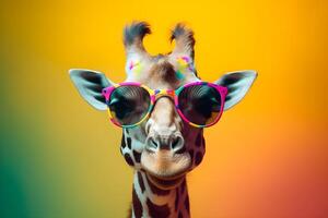 Funny giraffe wearing sunglasses in studio with a colorful and bright background. photo