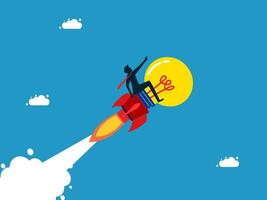 man is flying on a rocket with a light bulb vector