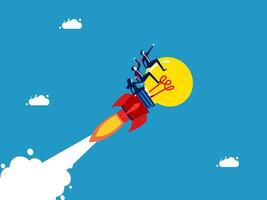 business people riding on a rocket with a moon on top vector