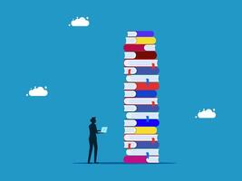 a man standing next to a stack of books vector