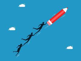 people running to a red pencil on a blue background vector