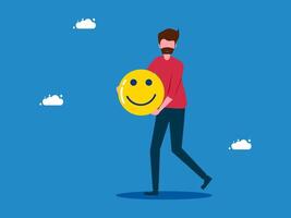 man holding a smiley face with clouds in the background vector
