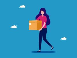 a woman carrying a box with a cloud in the background vector