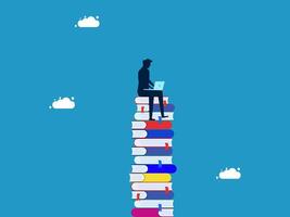 a man sitting on top of a stack of books with a laptop vector