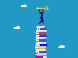 a woman is standing on top of a stack of books with a key vector