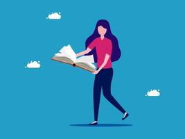 a woman is walking with a book in her hand vector