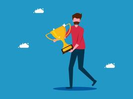 man holding trophy with clouds in background vector