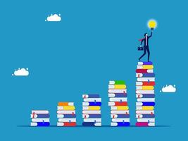 businessman climbing up a stack of books with light bulb vector
