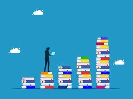 man and laptop standing on top of stack of books vector